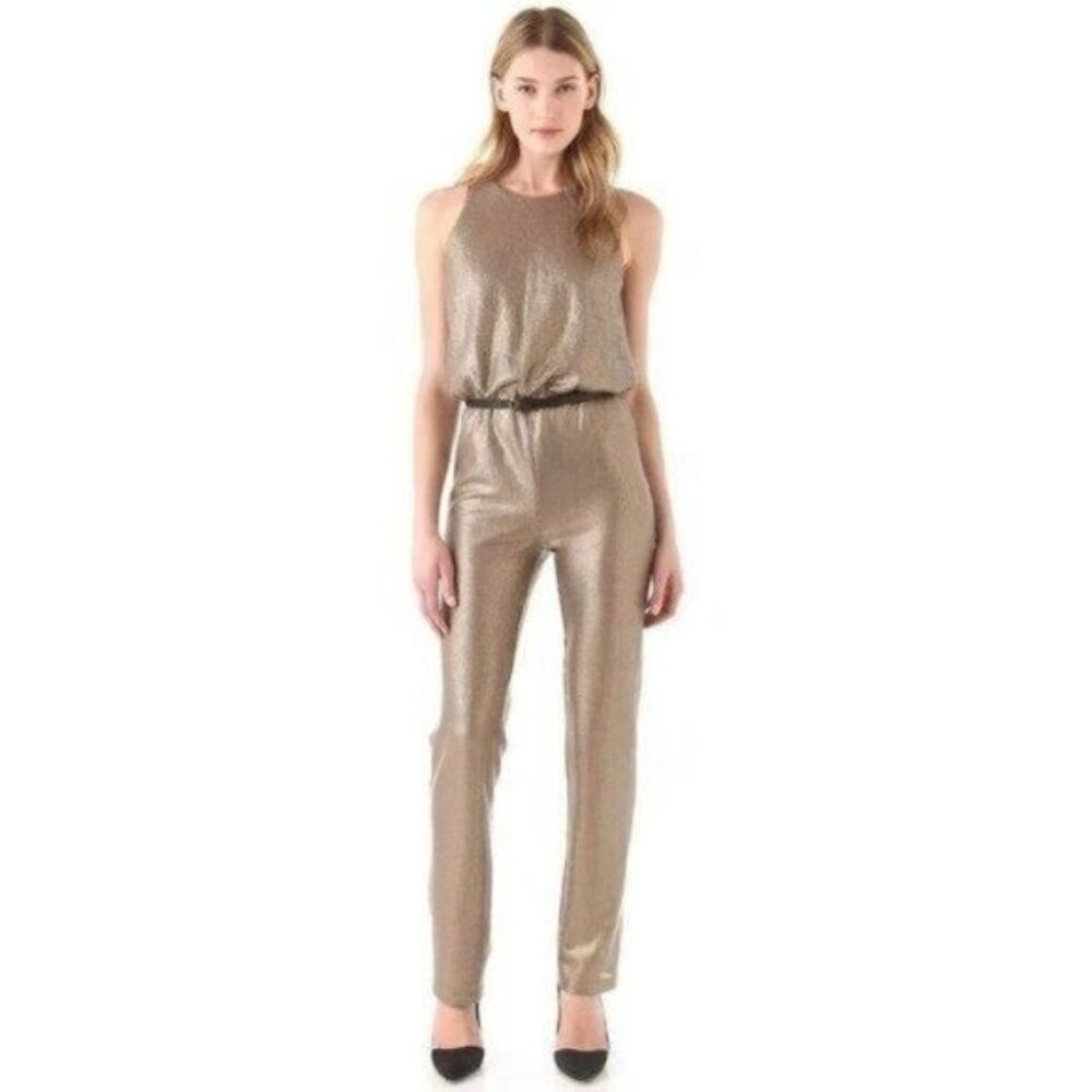 BCBGMaxAzria Gold Sequins Jumpsuit M Sleeveless Lowe Formal Party